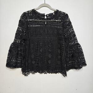 Ellison Crochet Overlay Black Blouse With Bell Sleeves. Size Medium